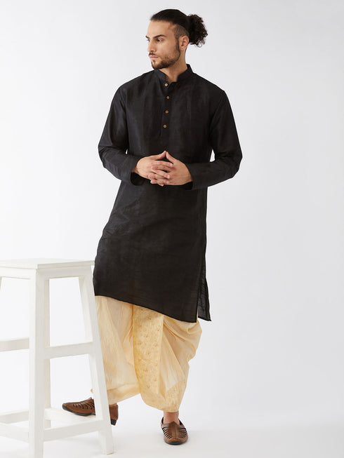 Vastramay Men's Black And Gold Silk Blend Kurta And Dhoti Set